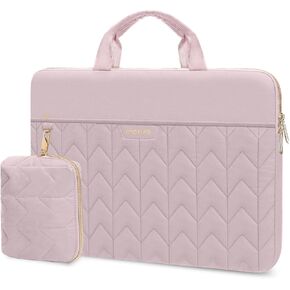 MOSISO Laptop Sleeve Compatible with MacBook Air 15 inch/Pro 16 inch 2024-2019 M4 M3 M2 M1, 15-15.6 inch Notebook, Corrugated Quilted Carrying Bag with Handle&Horizontal Pocket&Small Case, Pink