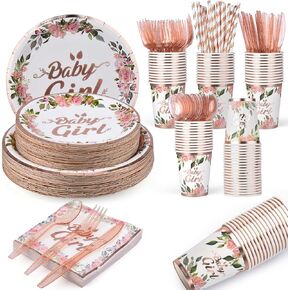 160 Pcs Rose Gold Baby Shower Decorations Set for 20 Guests, Baby Girl Shower Party Supplies Tableware Includes Plates and Cups and Napkins Straws Sets (20)