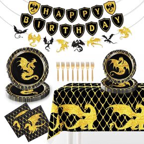 Dragon Birthday Party Decorations，Dragon Party Decorations，Dragon Birthday Party Supplies，Include Banner Tablecloth Plates Napkins Forks