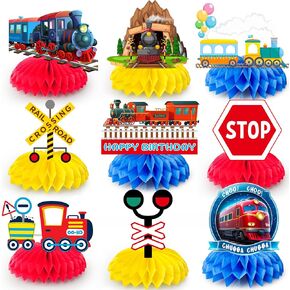 Train Honeycomb Centerpiece,9Pcs Train Party Decorations Honeycomb Centerpieces Kit- Train Party Honeycomb Centerpiece&Train Birthday Honeycomb Centerpieces for Chugga Chugga Two Two Party Decorations