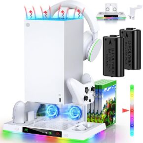 LED Cooling Stand and Charging Station for Xbox Series X Console ＆ Controller, Cooling Fan Station for Xbox Series X Accessories with 2x 1400mAh Rechargeable Controller Battery Pack, 15 Light Modes