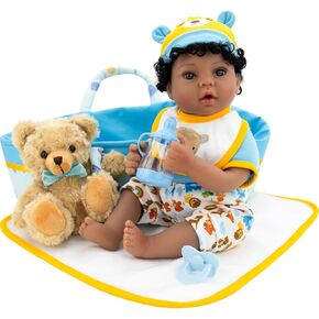 Aori Reborn Baby Dolls Black 18 inch Lifelike Newborn Girl Doll Realistic Soft Posable Limbs and Weighted Cloth Body with Bassinet Set