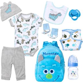 PEDOLLTREE 9 Pcs Set Reborn Baby Doll Clothes Outfit Accessories Blue Dinosaur Set for 17-22 Inch Reborn Doll Newborn Boy with Backpack Diaper