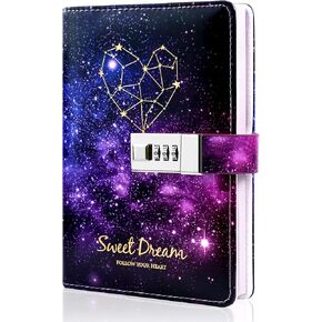 CAGIE Diary with Lock for Girls Women Birthday Gifts for Kids Boys Constellation Leather Password Journal with Lock Secrect Diary, 5.1x7.4 in, Purple