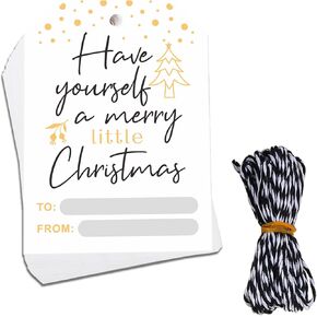 Christmas Gold Gift Tags, 50 Quality Paper Labels with Rope for Personalizing Your Holiday Presents, Santa Gift Tags, Merry Christmas Gift Tags, Xmas Paper Gift Tags with String Attached