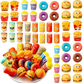 Leyndo 50 Pcs Small Soft Sensory Fidget Party Favors Slow Rising Cute Food Bulk Hamburger Donut Stress Relief Toys for Girls Boys Birthday Party Decoration Gift Class Prize (Novel)