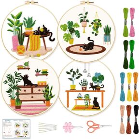 BEUNITONE Kitten Embroidery Kit for Beginenrs Hand Sewing Embroidery Kits with Cat Pattern DIY Embroidery Kit with Kitten Colourful Threads Needles Instructions