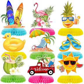9 Pcs Summer Honeycomb Centerpiece Pool Honeycomb Table Topper Photo Props Hello Summer Party 3D Beach Pool Party Decorations for Summer Pool Party Supplies
