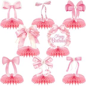 8pc Pink Bow Party Honeycomb Centerpiece, Pink Bow Coquette Birthday Supplies, Bow Wedding Bachelorette Party Decoration Supplies