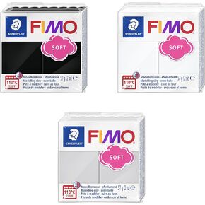 STAEDTLER FIMO Soft Polymer Oven Modelling Clay - Most Popular Colours - 57g - Black, White, Dolphin Grey - Pack of 3