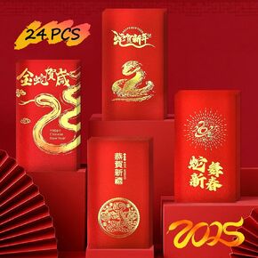 Red Envelopes Chinese 2025 Snake, Heavy Duty Chinese Red Envelope, 4-Designs Chinese Red Envelopes Lucky Money Envelopes, Lucky Money Envelopes of Hong Bao (24-Pack)
