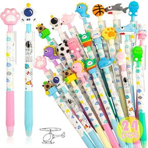 Cute Erasable Pens - 24 Fun Pens for Kids - Retractable Erasable Gel Pen Blue 0.5 mm - Kawaii Animal Pens - Perfect for Boys and Girls, Birthday Gifts and School Supplies for Children's