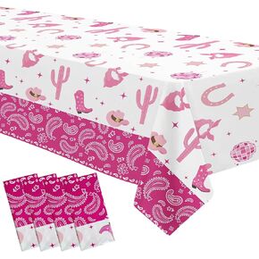 Hot Pink Cowgirl Party Tablecloths Decorations, Disposable Western Disco Cowgirl Party Supplies Table Cover, Wild West Rodeo Birthday, 4 Pack (54in x 108in)