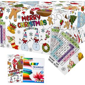 Faccito Giant Christmas Coloring Tablecloth 108 x 54 Inch Christmas Paper Table Cover with 24 Color Crayons Christmas Coloring Poster Activity Disposable Table Cloth for Kids Holiday Party Decor