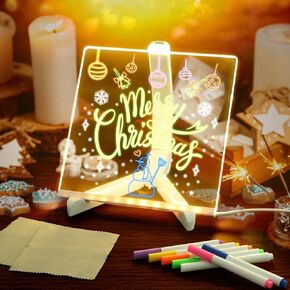 Acrylic Dry Erase Board with Light Up,LED Note Board with Stand and Colorful Pens,LED Clear Desktop Note Memo,White Board Notepad with Stand as Night Light for Room Store Office Gift (7.9 * 7.9 inch)