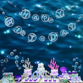 Cheerland Transparent Clear Bubble Garland Blue Happy Birthday Banner Under the Sea Party Decorations for Kids Mermaid Ocean Theme Bithday Party Decorations Hanging Underwater Pool Beach Theme Decor
