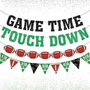 Pre-Strung Game Time Touch Down Football Banner, NO DIY Football Party Banner Pre-Strung Garland on 9.8ft Strands Football Birthday Party Decorations, Sports Fantasy Football Party