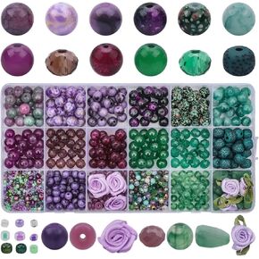 1018pcs Glass Beads for Jewelry Making, 8mm Purple Green Crystal Beads with Seed/Resin/Spacer/Stone Beads for Bracelet Necklace Earring DIY Jewelry Making Supplies