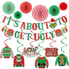 Red and Green It's About To Get Ugly Banner and Ugly Sweater Hanging Swirls Ugly Christmas Sweater Party Banner for Ugly Sweater Party Decorations, Ugly Christmas Sweater Party Supplies