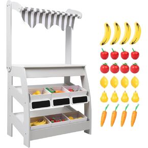 Wooden Market Stand Toy, Pretend Play Grocery Store Playset for Toddler, Fruit Vegetable Stand Selling Stall Shop with 24 PCS Food Accessories for Kids 3+