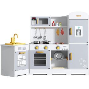 Play Kitchen for Kids, Wooden Play Kitchen with Toy Storage System, 21pcs Accessories Included, Oven Faucet, Microwave, Ice Maker, BBQ, with Lights & Sounds Kitchen Playset Gift for Ages 3+