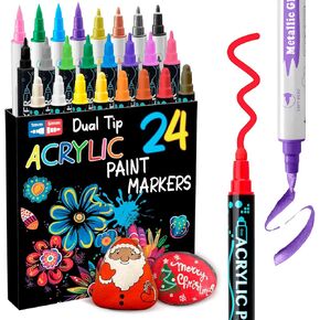 Dual Tip Acrylic Paint Pens - 24 Colors Classic and Metallic Color Double Pack for Rock Painting, Canvas, Wood, Glass, Stone, Ceramic Surfaces, DIY Crafts Making Art Supplies for Kids & Adults