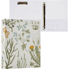 3 Rings Binder 1.5 Inch Vintage Floral Herbs Flower Green with Interior Pockets 1 Pack School Binders Hardcover