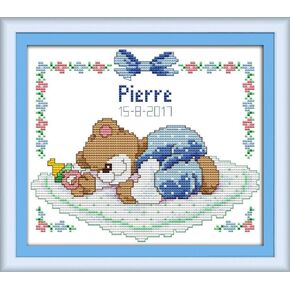 CaptainCrafts Cross Stitch Kits Stamped Kit Printed 11CT Fabric Cross Stitching DIY Art DMC Needlecrafts Embroidery Kit for Adults (Stamped, Sleeping Baby Bear (Pink))