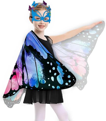 Kids Butterfly Wings Costume Girls Fairy-Wings Toddler Dress Up Play Costumes Butterfly Hair Clip Mask Party Favors (Purple Green sets) in Saudi Arabia