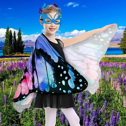 Kids Butterfly Wings Costume Girls Fairy-Wings Toddler Dress Up Play Costumes Butterfly Hair Clip Mask Party Favors (Purple Green sets) in Saudi Arabia
