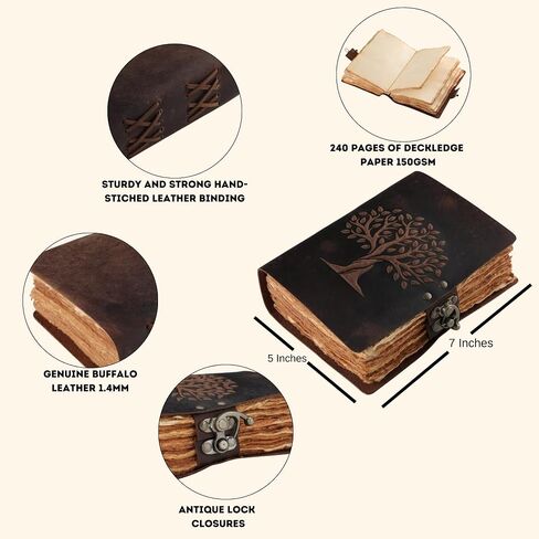 Fausta Vintage Tree of Life Leather Journal with Antique Brass Lock for Writing 240 Pages 7" x 5" Leather Journal/Notebook, Deckle Edge Cotton Paper Diary for Men/Women Sketchbook for Drawing, Brown in Saudi Arabia