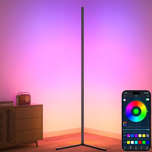 Buyya مصباح أرضي حديث، مصباح زاوية LED RGB مقاس 65 بوصة - 16 مليون لون، مزامنة الموسيقى، تطبيق ذكي، ارتفاع قابل للتعديل، مجموعة توقيت، إضاءة جو لغرفة المعيشة، غرفة النوم، حفلة الألعاب in Saudi Arabia