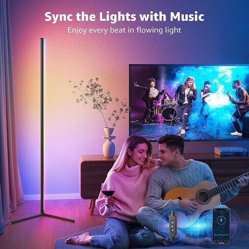 Buyya مصباح أرضي حديث، مصباح زاوية LED RGB مقاس 65 بوصة - 16 مليون لون، مزامنة الموسيقى، تطبيق ذكي، ارتفاع قابل للتعديل، مجموعة توقيت، إضاءة جو لغرفة المعيشة، غرفة النوم، حفلة الألعاب in Saudi Arabia