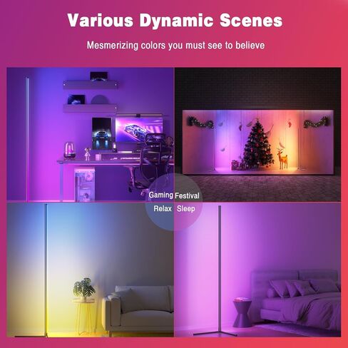 Buyya مصباح أرضي حديث، مصباح زاوية LED RGB مقاس 65 بوصة - 16 مليون لون، مزامنة الموسيقى، تطبيق ذكي، ارتفاع قابل للتعديل، مجموعة توقيت، إضاءة جو لغرفة المعيشة، غرفة النوم، حفلة الألعاب in Saudi Arabia