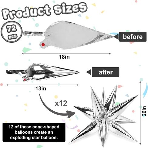 LovesTown 72PCS Silver Spike Balloons, 12 Point Foil Balloons Silver Star Balloons Cone Balloons Magic Starburst Balloons Spiky Balloons for Bachelorette Party Birthday Wedding Decor in Saudi Arabia