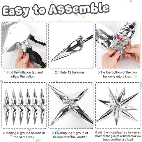 LovesTown 72PCS Silver Spike Balloons, 12 Point Foil Balloons Silver Star Balloons Cone Balloons Magic Starburst Balloons Spiky Balloons for Bachelorette Party Birthday Wedding Decor in Saudi Arabia