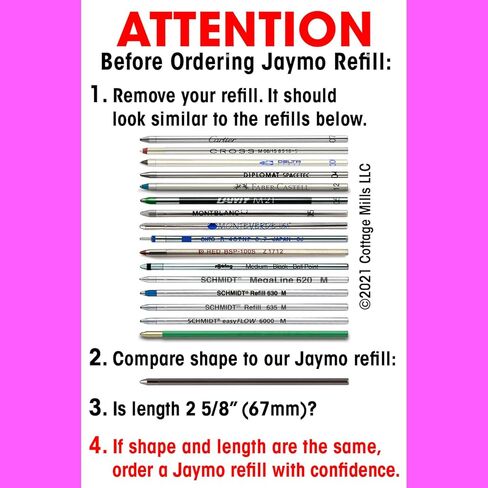 Jaymo Replacement for Cross 8518 and Schmidt 635 - Measures 2.625 in / 67 mm Long - D (D1) Standard Multifunction Mini Ballpoint Pen Refill - 6 Blue in Kuwait