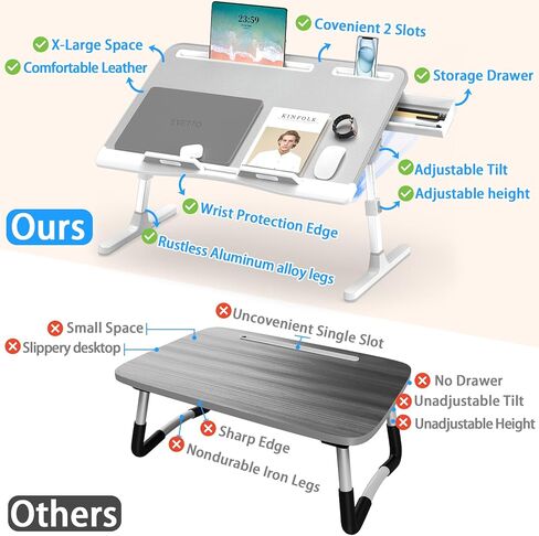 Laptop Bed Desk, X-Large Leather Adjustable Computer Bed Table Tray, Foldable Laptop Lap Desk for Bed Sofa Couch Floor Writing Eating Working with Drawer 2 Movable Stoppers (23.6 inch, Black) in Kuwait