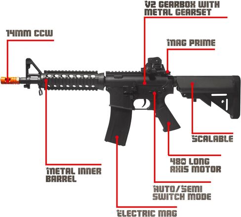 كرة جل رش كهربائية معدلة Orby Blaster M4A1 - علبة تروس V2 مع مجموعة تروس معدنية - طاقة عالية 11.1 فولت - أوضاع أوتوماتيكية شبه وكاملة - أقوى الخرز المائي - للأعمار من 16 عامًا فما فوق (أسود) in Kuwait