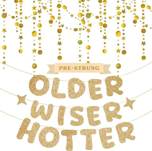 4 Pcs Pre-Strung Older Wiser Hotter Banner with Glitter Circle Banner - NO DIY Funny Happy Birthday Banner for Men 30th 40th 50th 60th 70th 80th Birthday Party Decorations Birthday Sign Gift(Black) in Kuwait