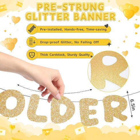 4 Pcs Pre-Strung Older Wiser Hotter Banner with Glitter Circle Banner - NO DIY Funny Happy Birthday Banner for Men 30th 40th 50th 60th 70th 80th Birthday Party Decorations Birthday Sign Gift(Black) in Kuwait