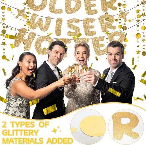 4 Pcs Pre-Strung Older Wiser Hotter Banner with Glitter Circle Banner - NO DIY Funny Happy Birthday Banner for Men 30th 40th 50th 60th 70th 80th Birthday Party Decorations Birthday Sign Gift(Black) in Kuwait