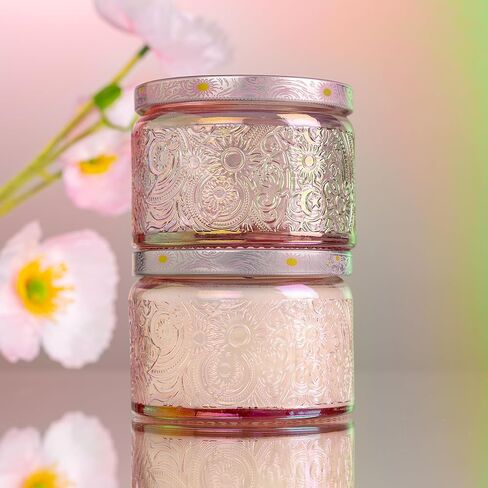 Art Secret 12-Pack 4oz Embossed Glass Candle Jars with Lids and Labels - Patented Sun Moon Stars Design for Candle Making, Home Décor (Shimmering Pink) in Saudi Arabia