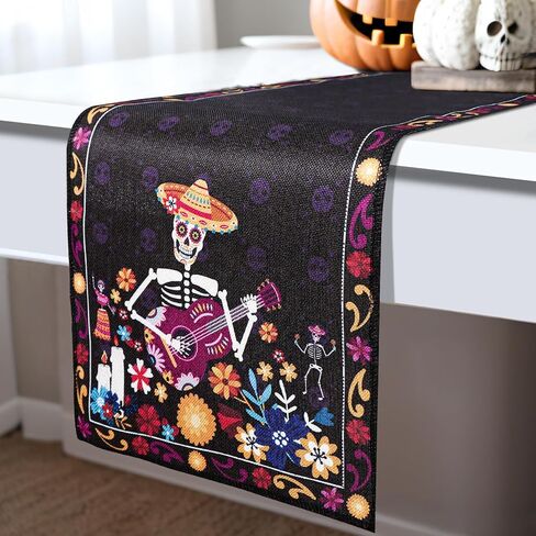 OurWarm Halloween Table Runner 72 Inches Long, Vintage Skull Bat Black Burlap Halloween Table Runners Skeleton Burlap Day of Dead Table Decor for Kitchen Holiday Indoor Home Party in Saudi Arabia