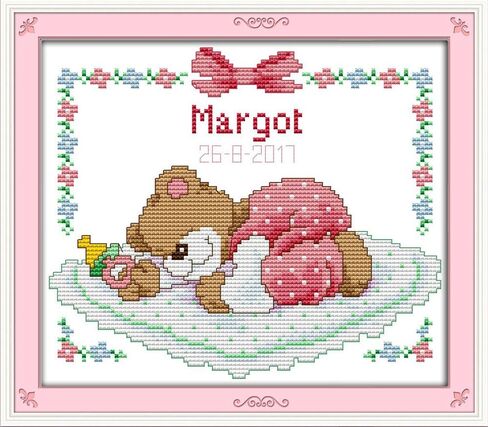 CaptainCrafts Cross Stitch Kits Stamped Kit Printed 11CT Fabric Cross Stitching DIY Art DMC Needlecrafts Embroidery Kit for Adults (Stamped, Sleeping Baby Bear (Pink)) in Saudi Arabia