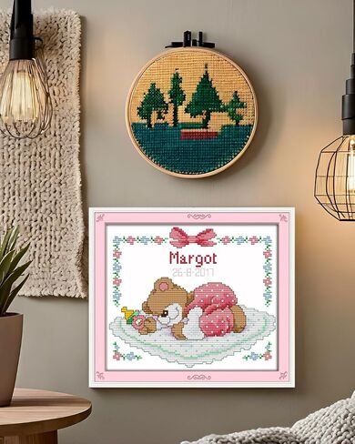 CaptainCrafts Cross Stitch Kits Stamped Kit Printed 11CT Fabric Cross Stitching DIY Art DMC Needlecrafts Embroidery Kit for Adults (Stamped, Sleeping Baby Bear (Pink)) in Saudi Arabia