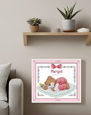 مجموعة غرز متقاطعة من CaptainCrafts طقم مختوم مطبوع 11 قيراط من القماش بخياطة متقاطعة DIY Art DMC Needlecrafts طقم تطريز للبالغين (مختوم، دب طفل نائم (وردي)) in Kuwait