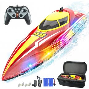 BEZGAR Remote Control Boat - 15+ KMH RC Boat with LED Lights & Portable Suitcase, 2 Rechargeable Batteries Low Battery Alarm Light up Boat for Pools and Lakes, Toy for Kids 4-7 8-12