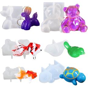 6Pcs Animal Resin Molds, Cute Bear, Turtle, Dog, Koi Fish, Bird Silicone Molds for Epoxy Resin, 3D Small Animal Epoxy Molds for Keychain Pendant Jewelry Making, Candle Soap Clay Home Decor