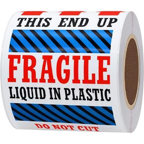 Hybsk 3 x 5 Fragile Liquid in Plastic This End Up Safe Handling Stickers for Shipping and Packing - 100 Adhesive Labels Per Roll